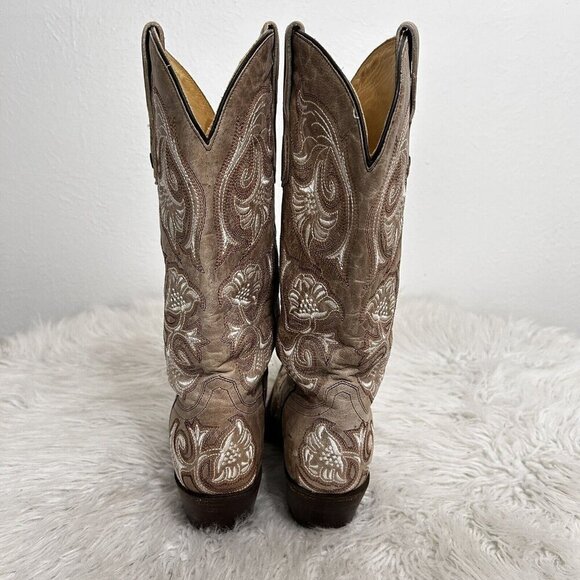 Corral Floral Full Stitched Cowboy Boots Beige Pull On Pointed Toe Leather 9.5 B - Picture 7 of 12